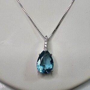 S925 Blue Glass & Pave Rhinestone Teardrop Pendant on 925 Stamped Necklace 18"L